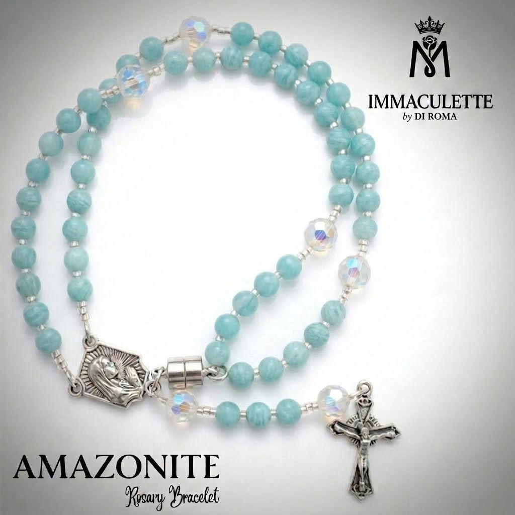 Amazonite & Fine White Opal AB Crystal IMMACULETTE (TM) Rosary Bracelet