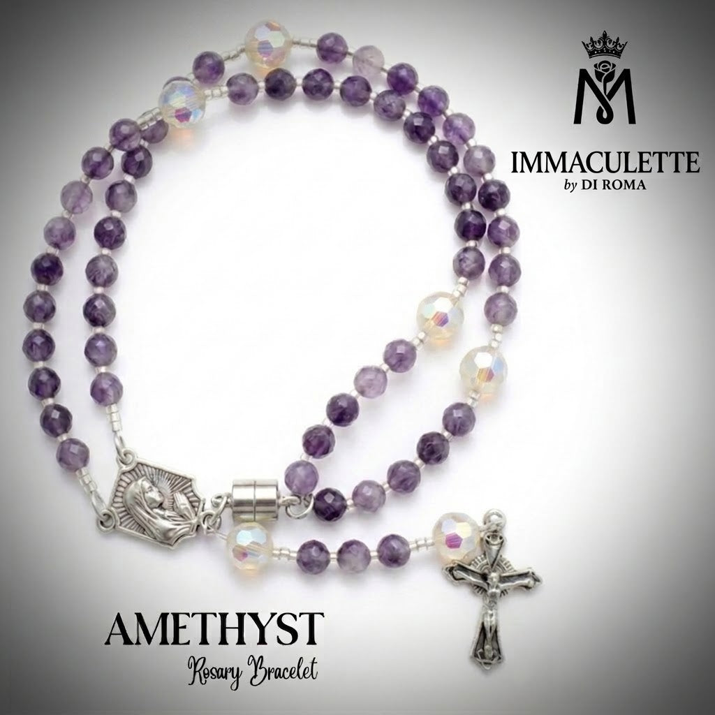 Amethyst & Fine White Opal AB Crystal IMMACULETTE (TM) Rosary Bracelet