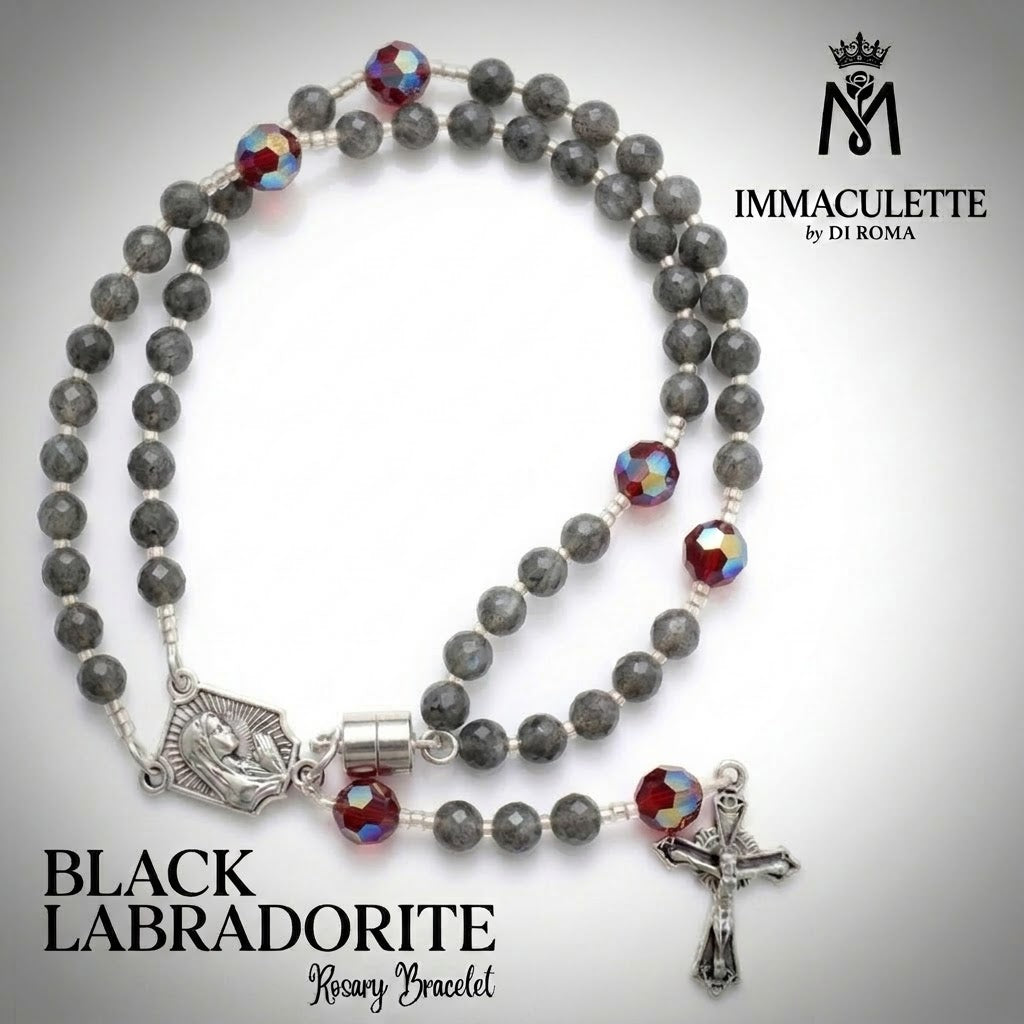 Black Labradorite & Fine Martyr Red AB Crystal IMMACULETTE (TM) Rosary Bracelet