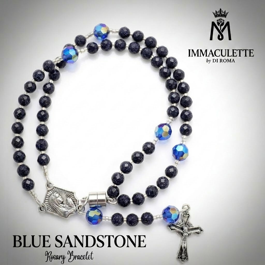 Blue Sandstone & Fine Capri Blue AB Crystal IMMACULETTE (TM) Rosary Bracelet