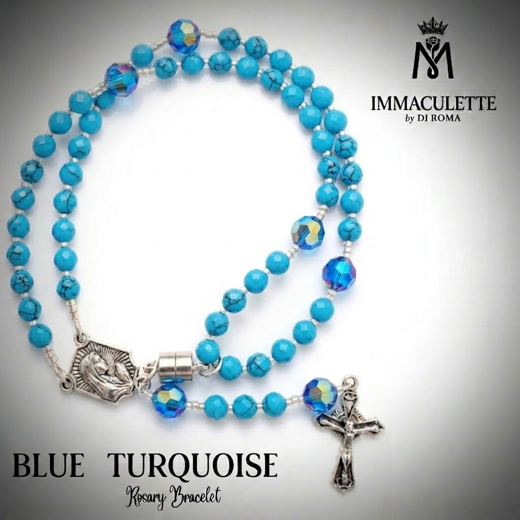 Blue Turquoise & Fine Capri Blue AB Crystal IMMACULETTE (TM) Rosary Bracelet