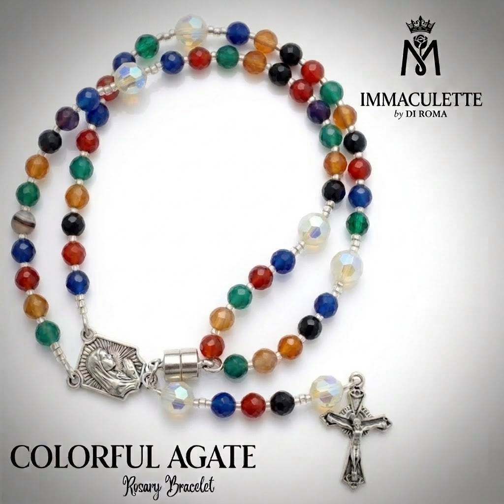 Colorful Agate & Fine White Opal AB Crystal IMMACULETTE (TM) Rosary Bracelet