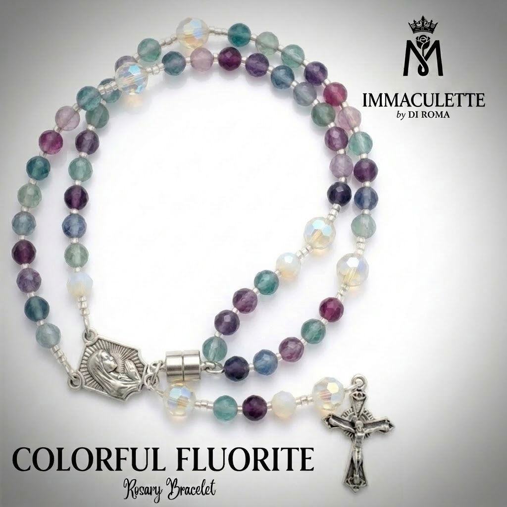 Colorful Fluorite & Fine White Opal AB Crystal IMMACULETTE (TM) Rosary Bracelet