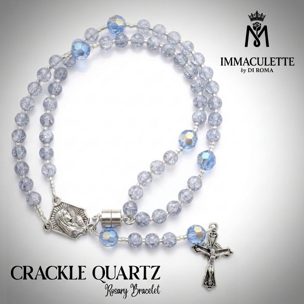 Crackle Quartz & Fine Light Sapphire AB Crystal IMMACULETTE (TM) Rosary Bracelet