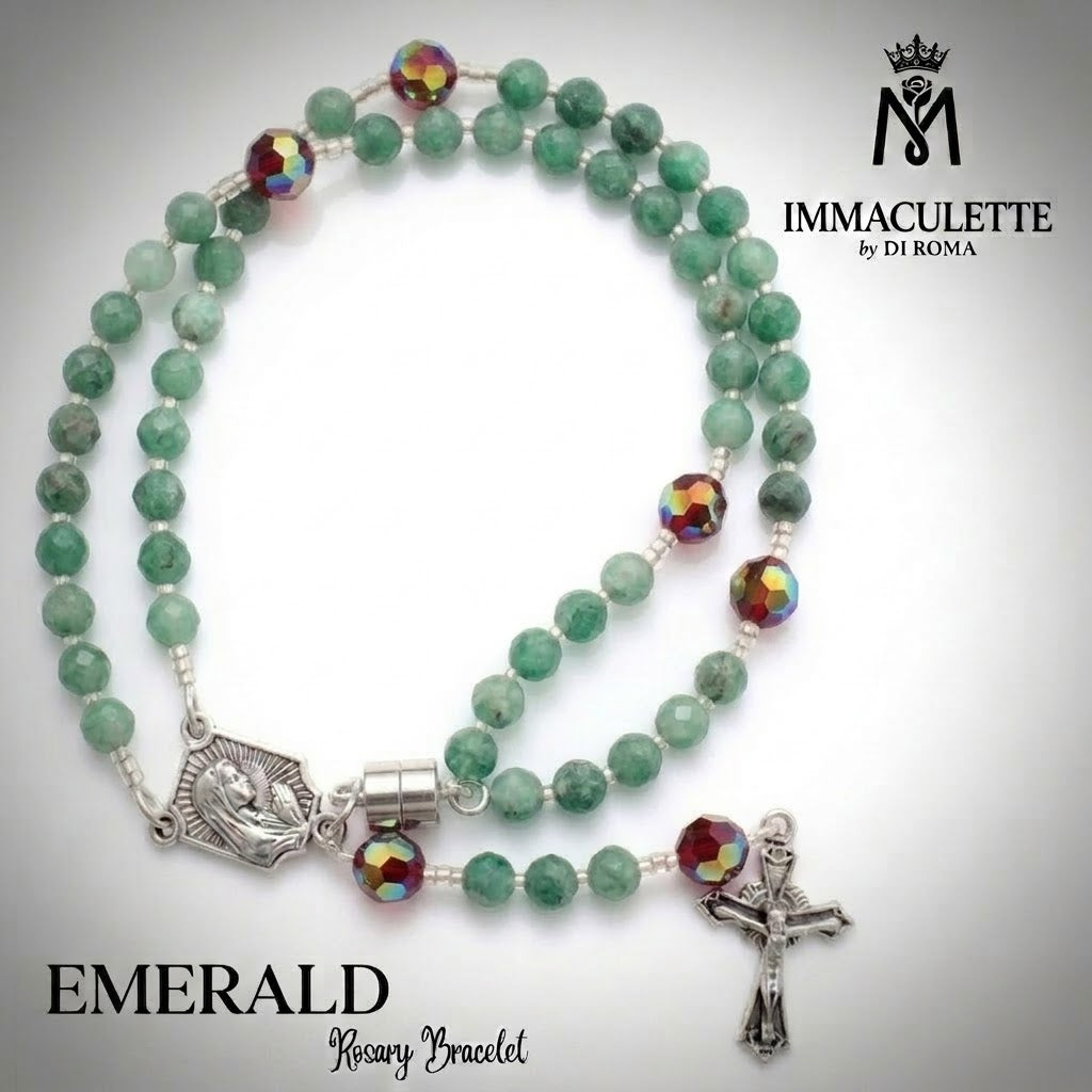 Emerald and Fine Martyr Red AB Crystal IMMACULETTE (TM) Rosary Bracelet