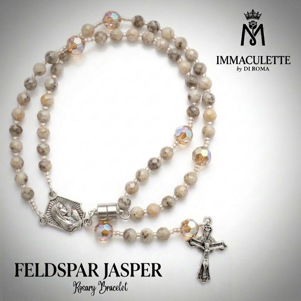 Feldspar Jasper and Fine Light Colorado Topaz AB Crystal IMMACULETTE (TM) Rosary Bracelet
