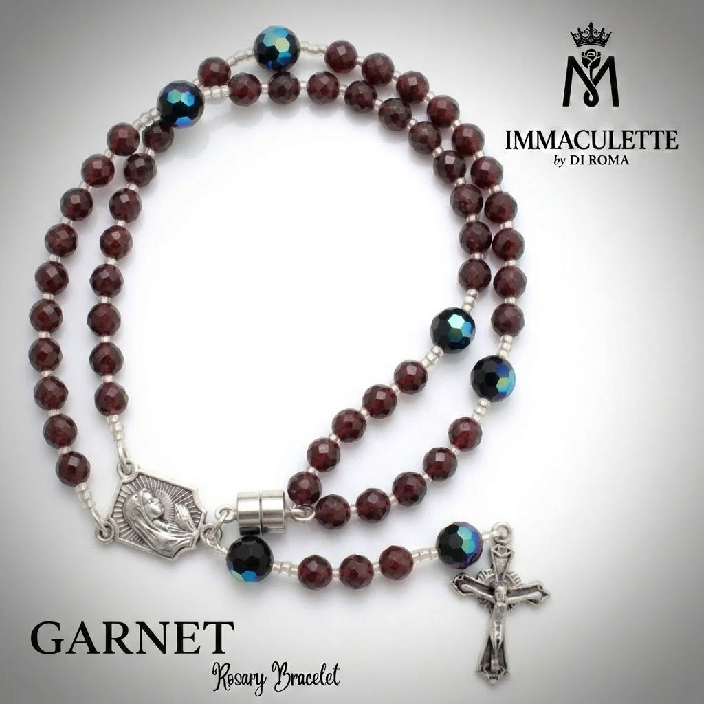 Garnet and Fine Jet AB Crystal IMMACULETTE (TM) Rosary Bracelet