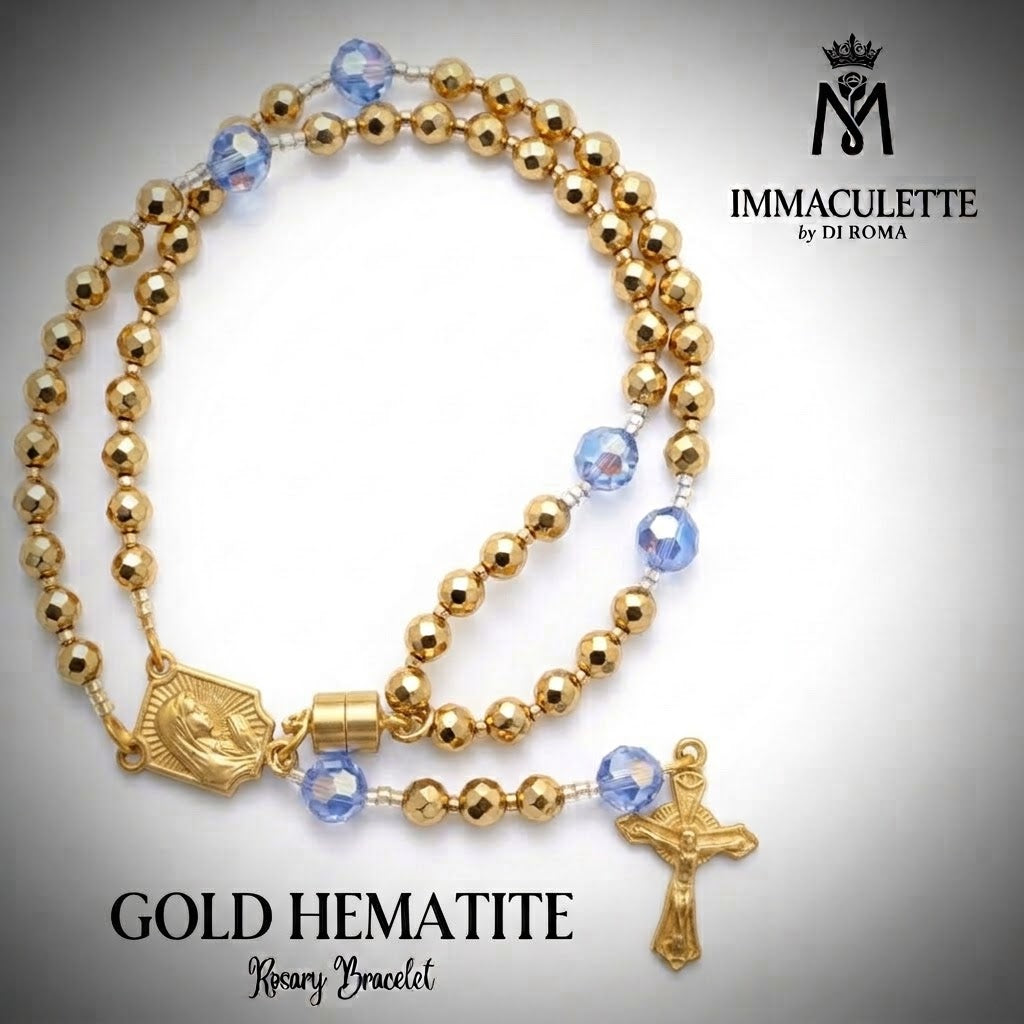 Gold Hematite and Fine Light Sapphire AB Crystal IMMACULETTE (TM) Rosary Bracelet