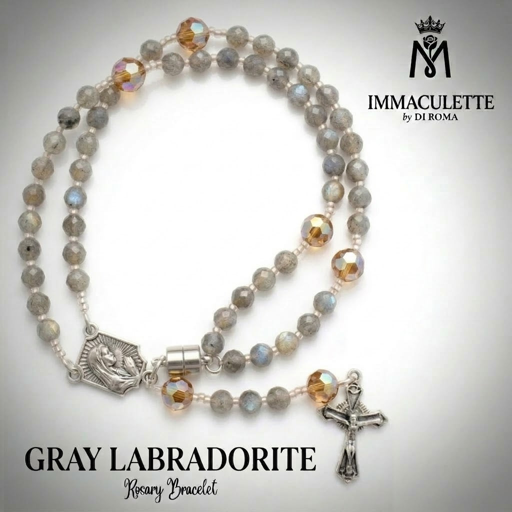 Gray Labradorite and Fine Light Colorado Topaz AB Crystal IMMACULETTE (TM) Rosary Bracelet