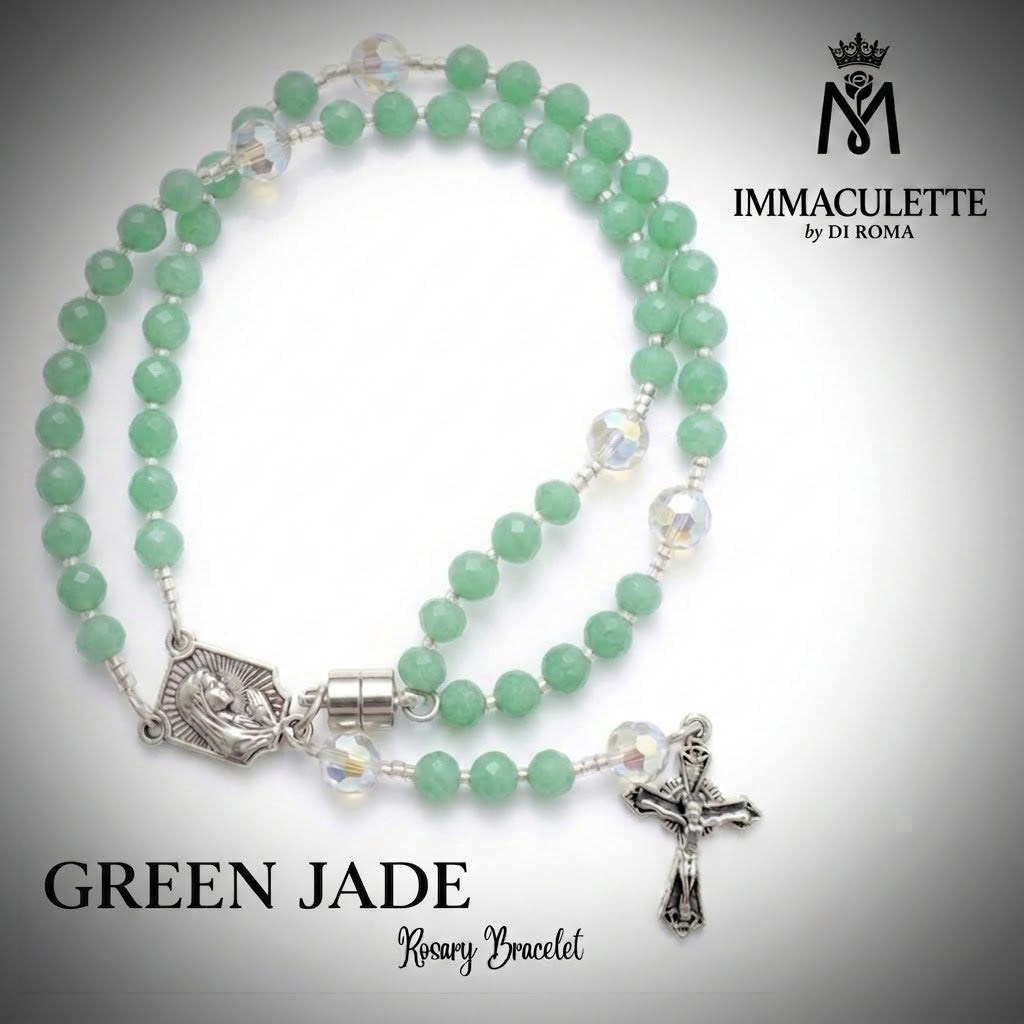 Green Jade and Fine White Opal AB Crystal IMMACULETTE (TM) Rosary Bracelet