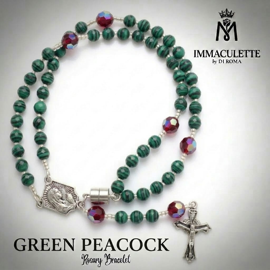 Green Peacock and Fine Martyr Red AB Crystal IMMACULETTE (TM) Rosary Bracelet