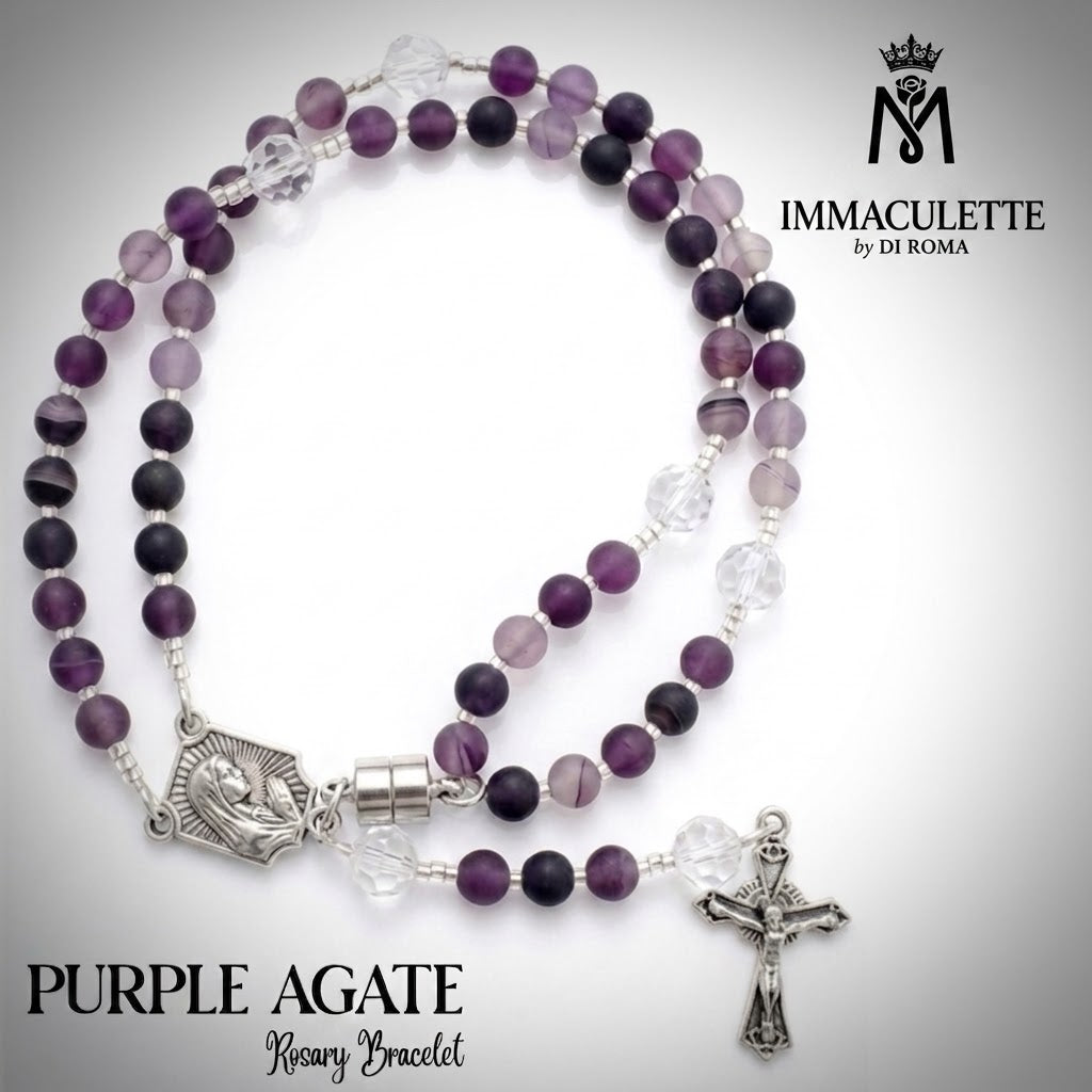 Purple Agate & Fine White Opal AB Crystal IMMACULETTE (TM) Rosary Bracelet