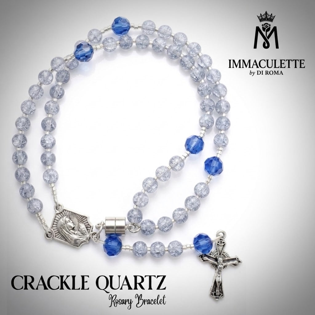 Crackle Quartz & Fine Light Sapphire AB Crystal IMMACULETTE (TM) Rosary Bracelet