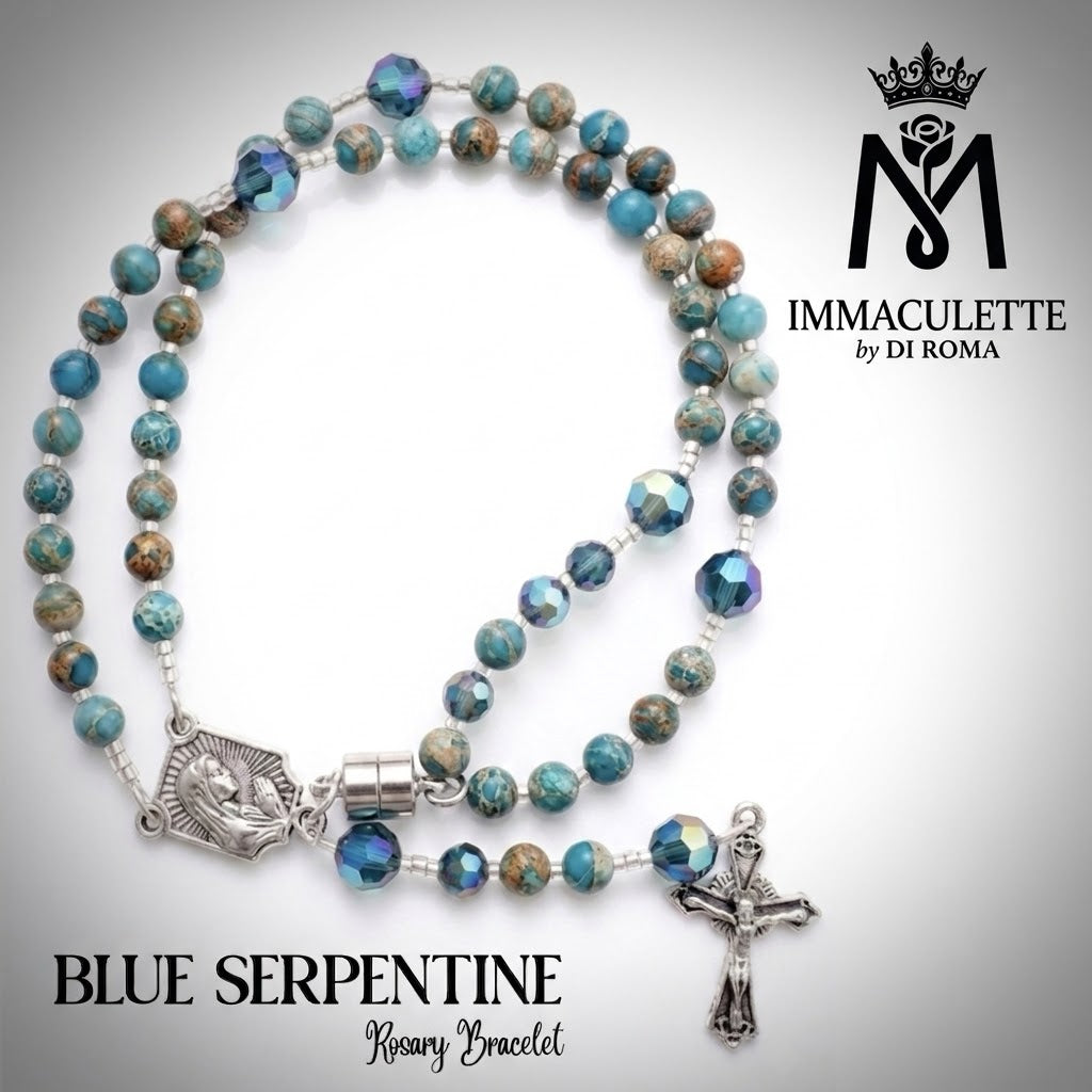 Blue Serpentine & Fine Capri Blue AB Crystal IMMACULETTE (TM) Rosary Bracelet