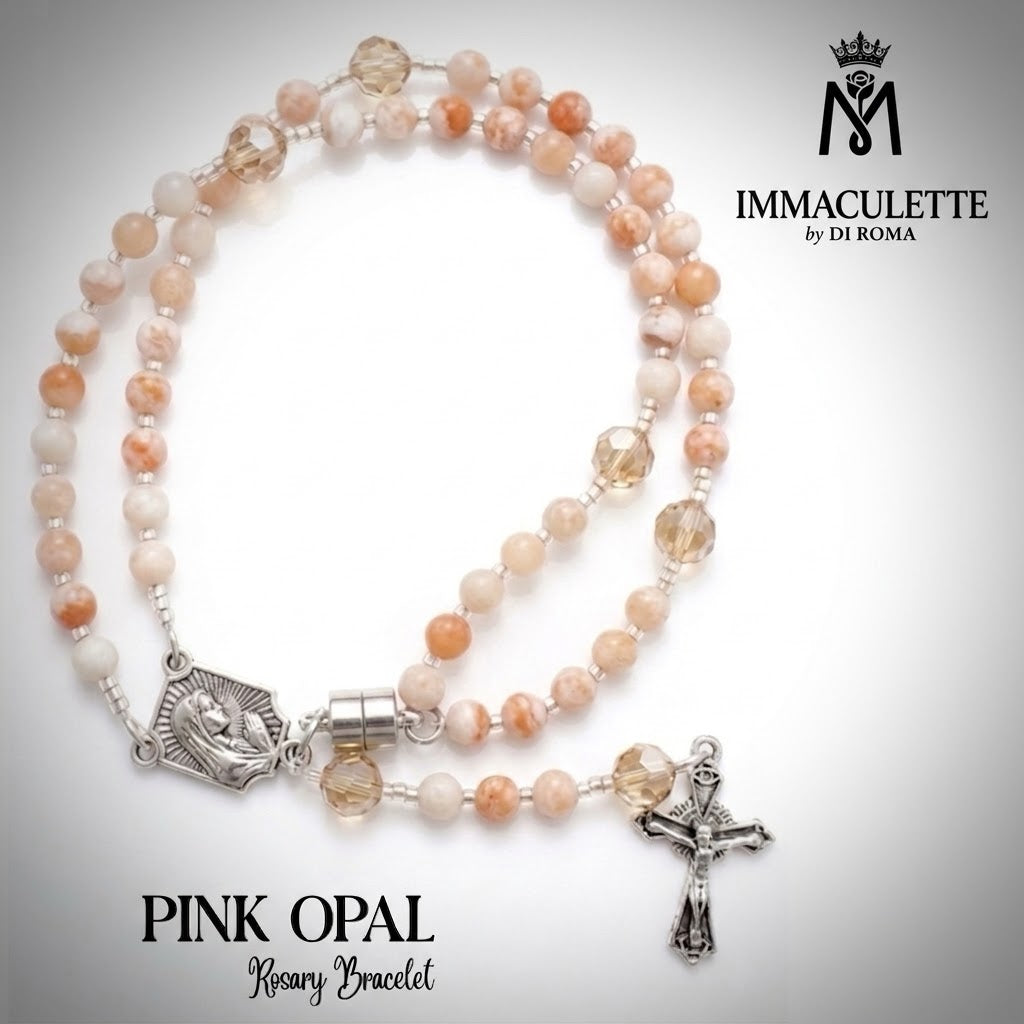 Pink Opal & Fine Light Colorado Topaz AB Crystal IMMACULETTE (TM) Rosary Bracelet