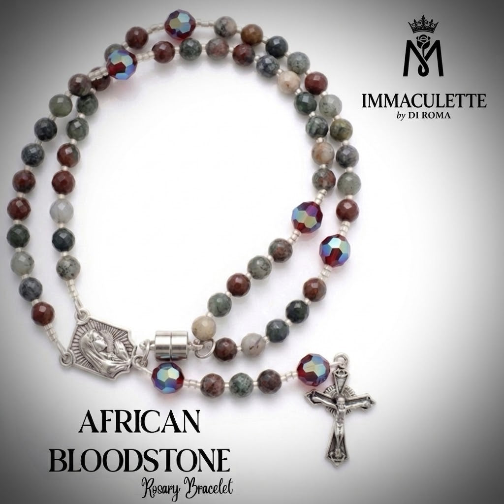 African Bloodstone & Fine Martyr Red AB Crystal IMMACULETTE (TM) Rosary Bracelet