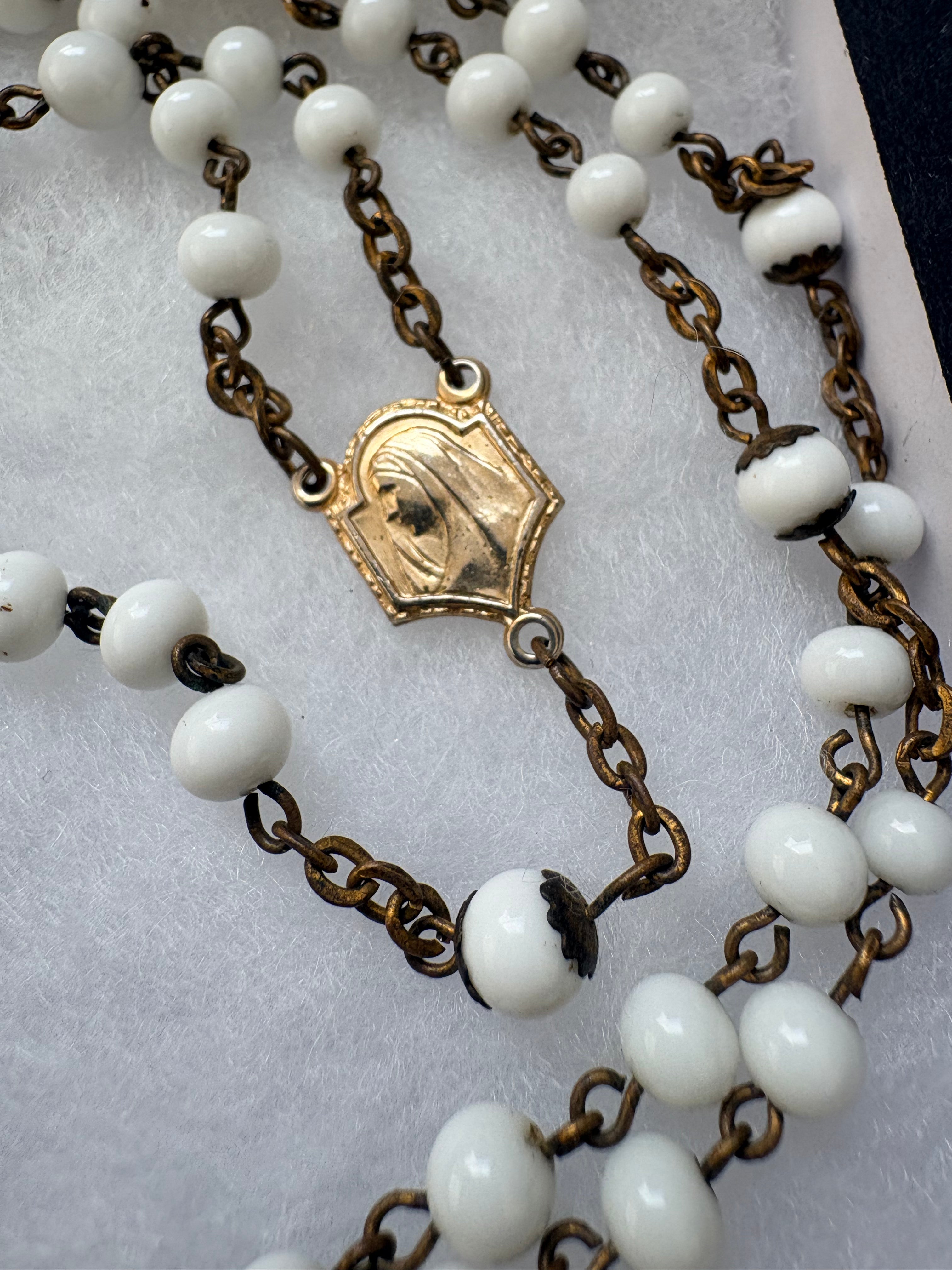 Vintage DiRoma Mid-Century White Milk Glass Rosary c. 1940's-1950's