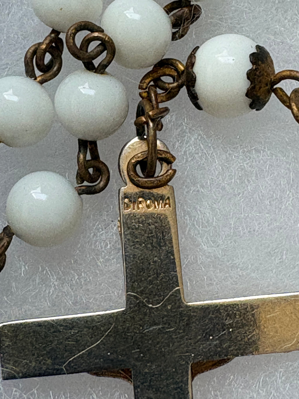 Vintage DiRoma Mid-Century White Milk Glass Rosary c. 1940's-1950's