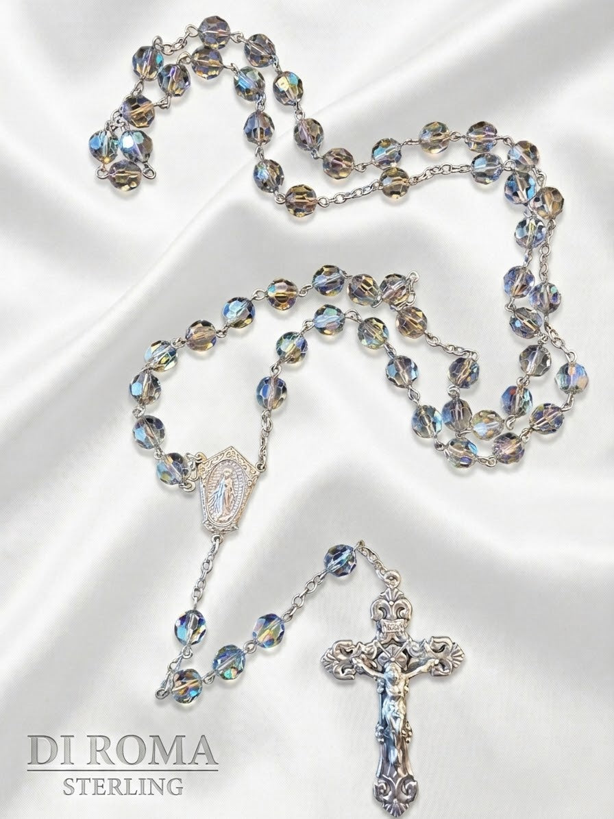 Vintage Di Roma STERLING Silver Faceted Fine Crystal Rosary c. 1940's-1950's