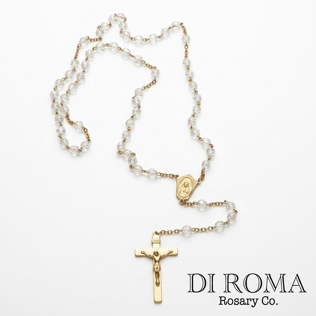 Vintage Gold Tone Di Roma Faceted Fine Crystal Rosary c. 1940's-1950's