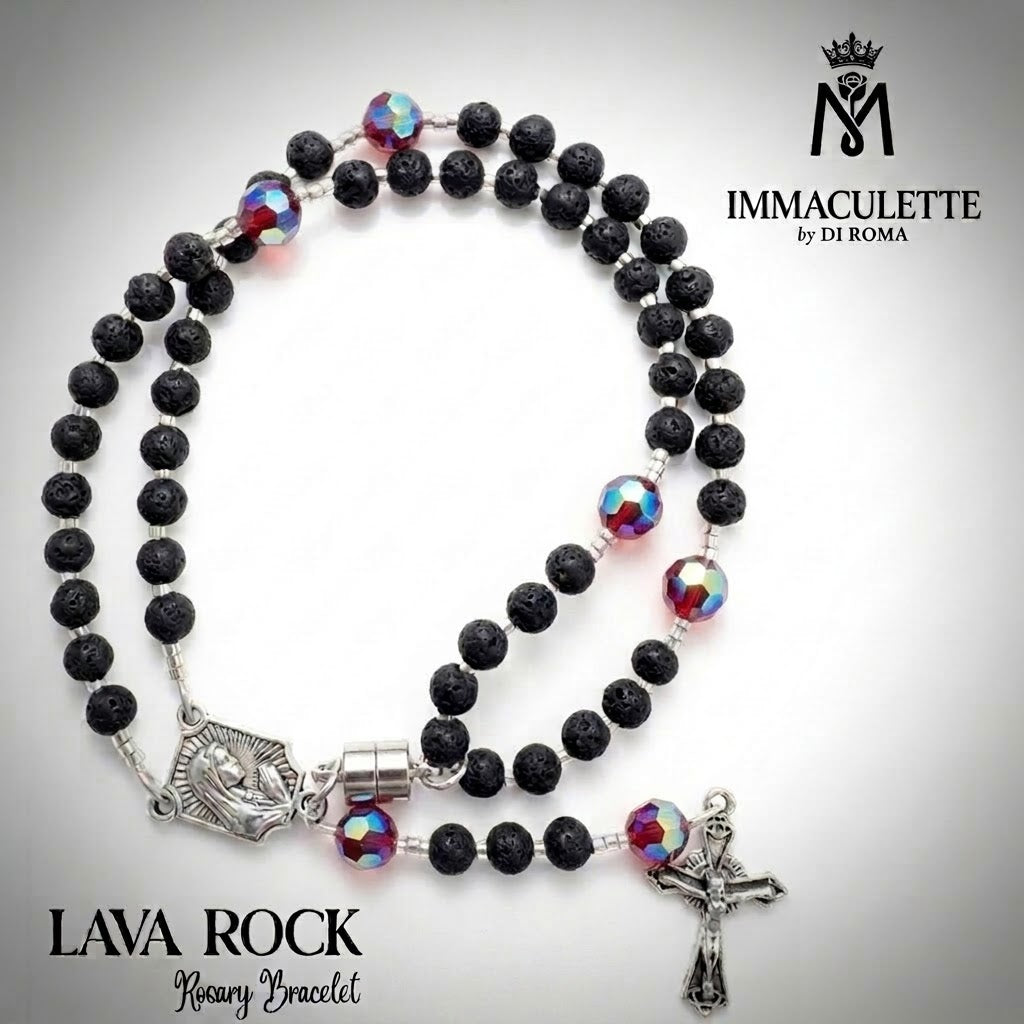 Lava Rock & Fine Martyr Red AB Crystal IMMACULETTE (TM) Rosary Bracelet