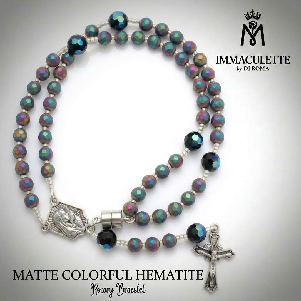 Matte Colorful Hematite and Fine Jet AB Crystal IMMACULETTE (TM) Rosary Bracelet