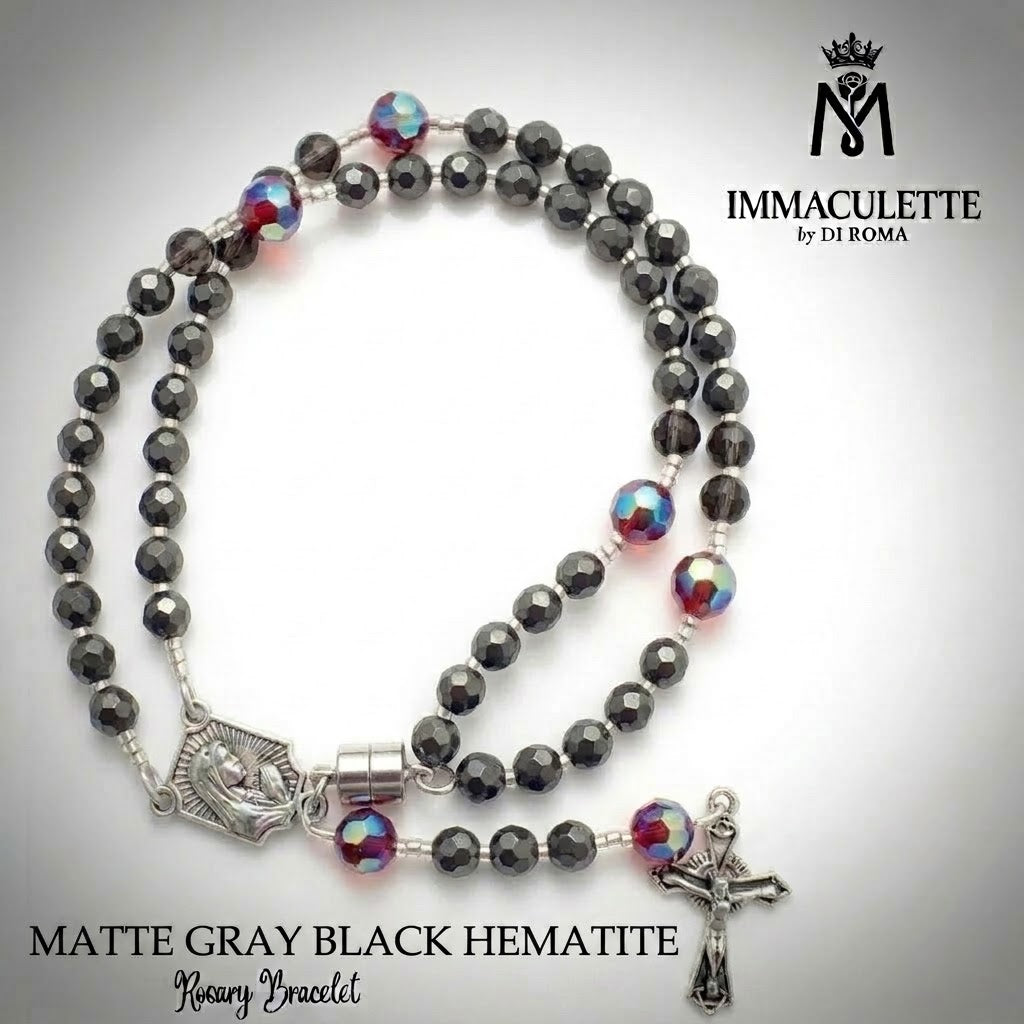 Matte Gray Black Hematite and Fine Martyr Red AB Crystal IMMACULETTE (TM) Rosary Bracelet