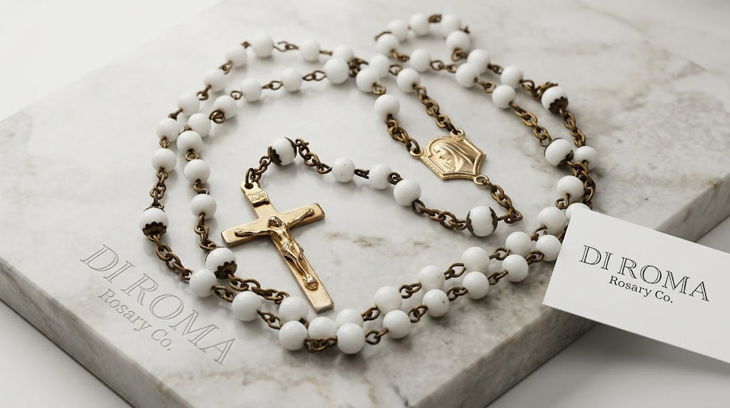 Vintage DiRoma Mid-Century White Milk Glass Rosary c. 1940's-1950's