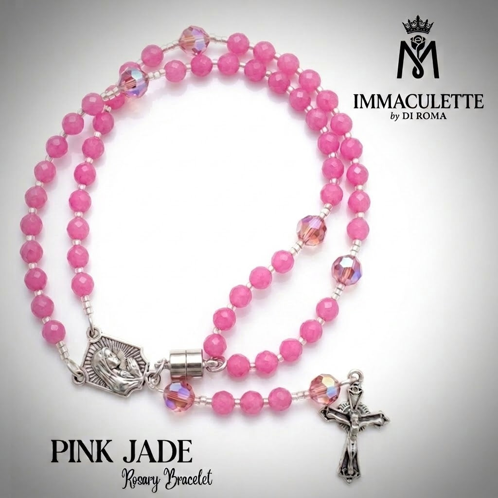 Pink Jade & Fine Pink Sapphire AB Crystal IMMACULETTE (TM) Rosary Bracelet