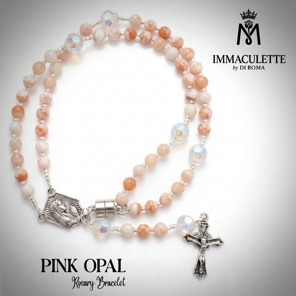 Pink Opal & Fine White Opal AB Crystal IMMACULETTE (TM) Rosary Bracelet