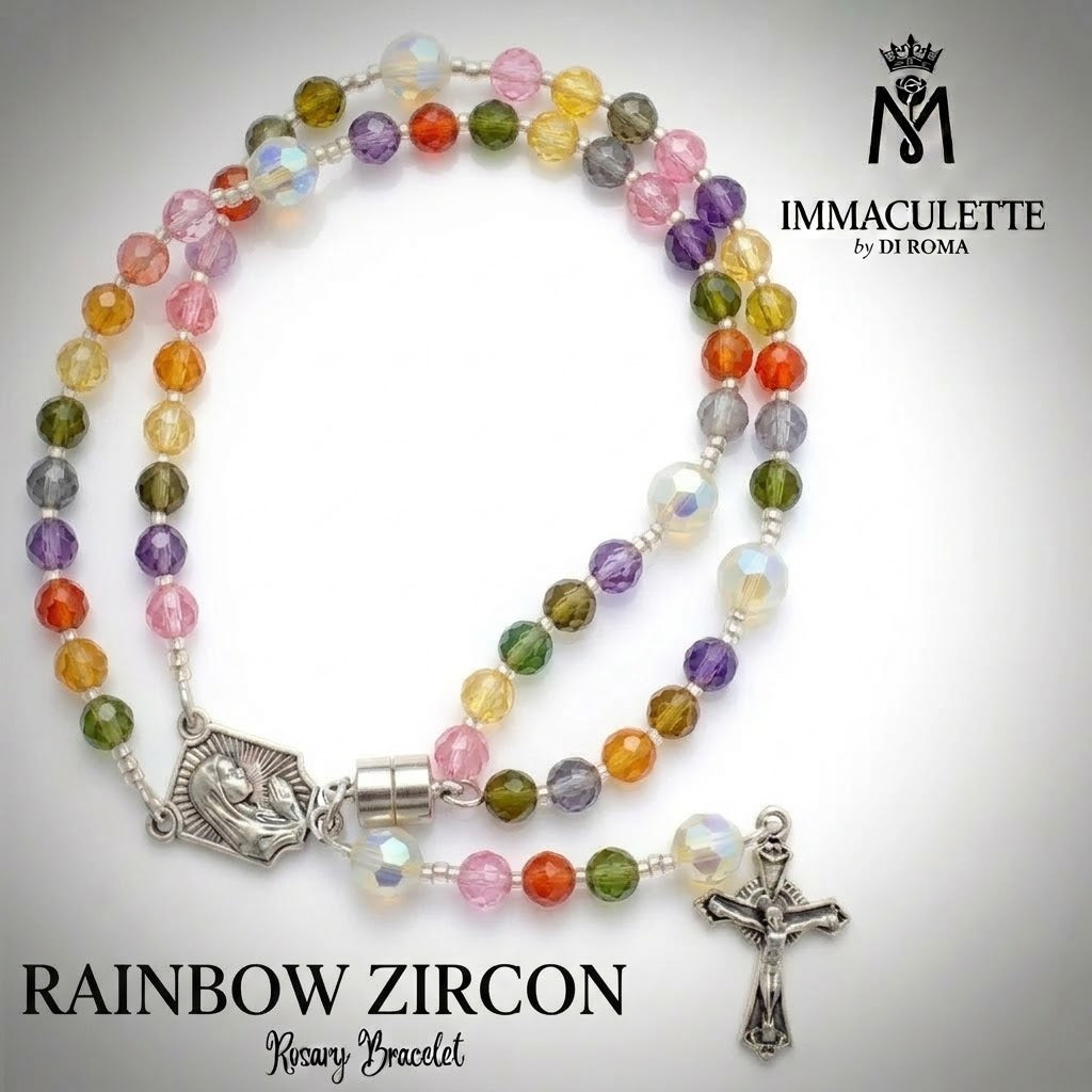 Rainbow Zircon & Fine White Opal AB Crystal IMMACULETTE (TM) Rosary Bracelet