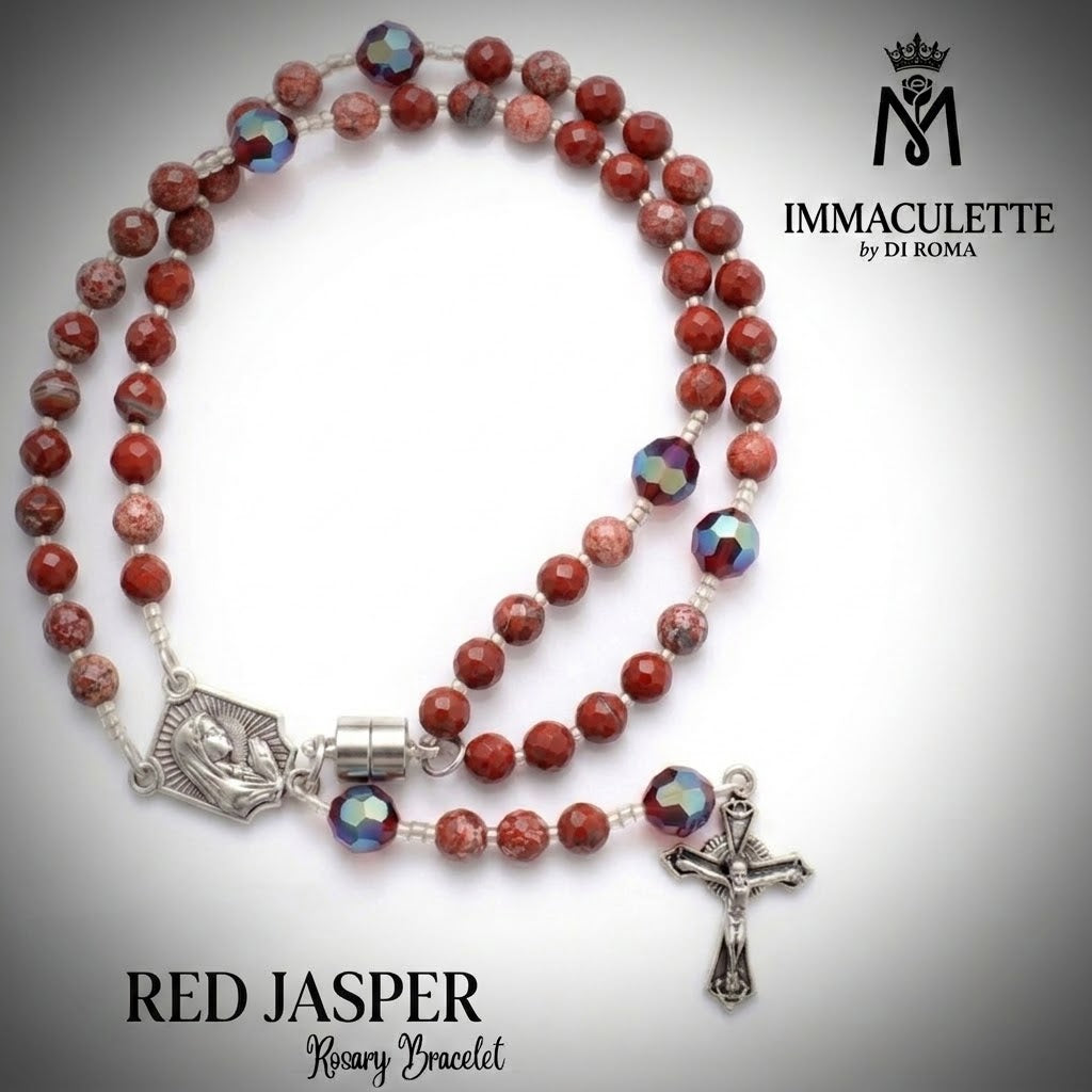 Red Jasper & Fine Martyr Red AB Crystal IMMACULETTE (TM) Rosary Bracelet