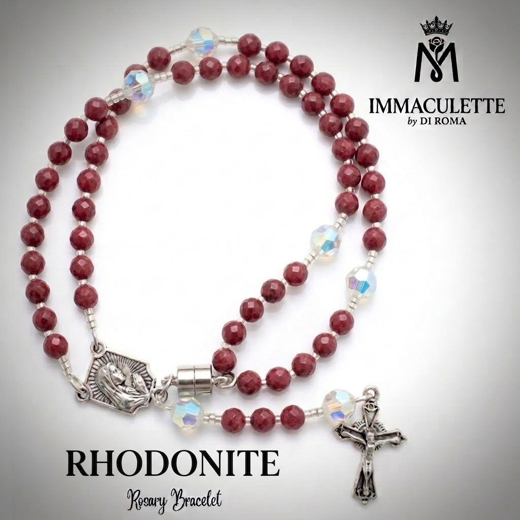 Rhodonite & Fine White Opal AB Crystal IMMACULETTE (TM) Rosary Bracelet