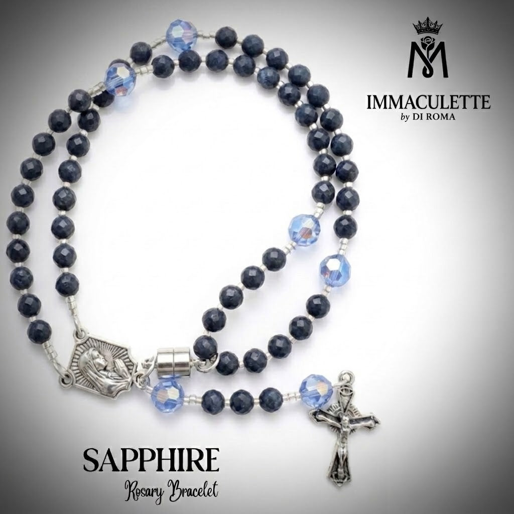 Sapphire & Fine Light Sapphire AB Crystal IMMACULETTE (TM) Rosary Bracelet